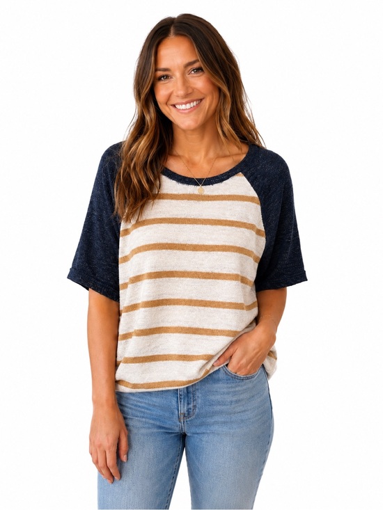 J. Crew Tops - J. Crew Navy Sleeve Striped Tee with Cream and Tan Body